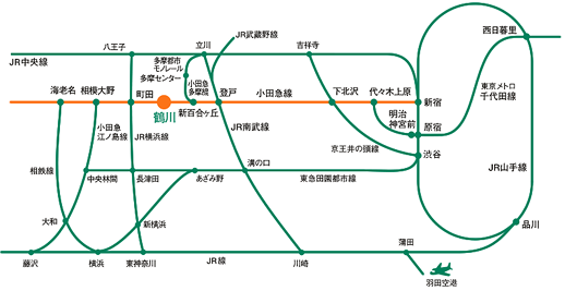 和光大学の最寄駅「鶴川駅」へのアクセス（路線図）